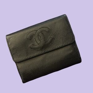 Authentic CHANEL Black Caviar Leather Trifold CC Logo Wallet
